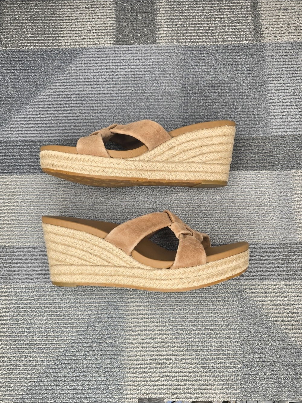 UGG Knotted Tan Suede Wedge Espadrille Slide Sandals